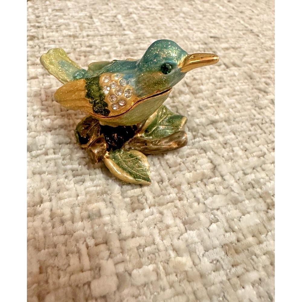 Vtg Hummingbird Trinket Box Gold Tone Enamel Rhinestone Jeweled Hinged Box